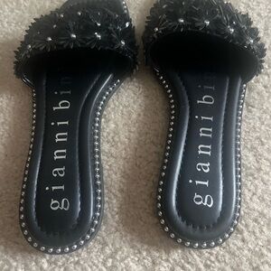 Gianni Bini Black Floral Slide Sandals with Stud Trim